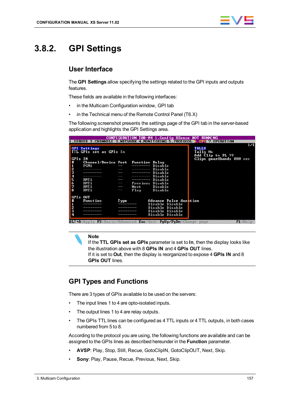 Gpi settings, User interface, Gpi types and functions | EVS XS Version 11.02 - July 2013 Configuration Manual User Manual | Page 165 / 204