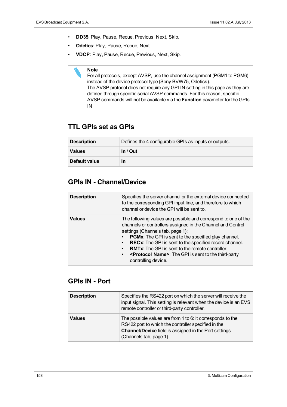 Ttl gpis set as gpis, Gpis in - channel/device, Gpis in - port | EVS XS Version 11.02 - July 2013 Configuration Manual User Manual | Page 166 / 204