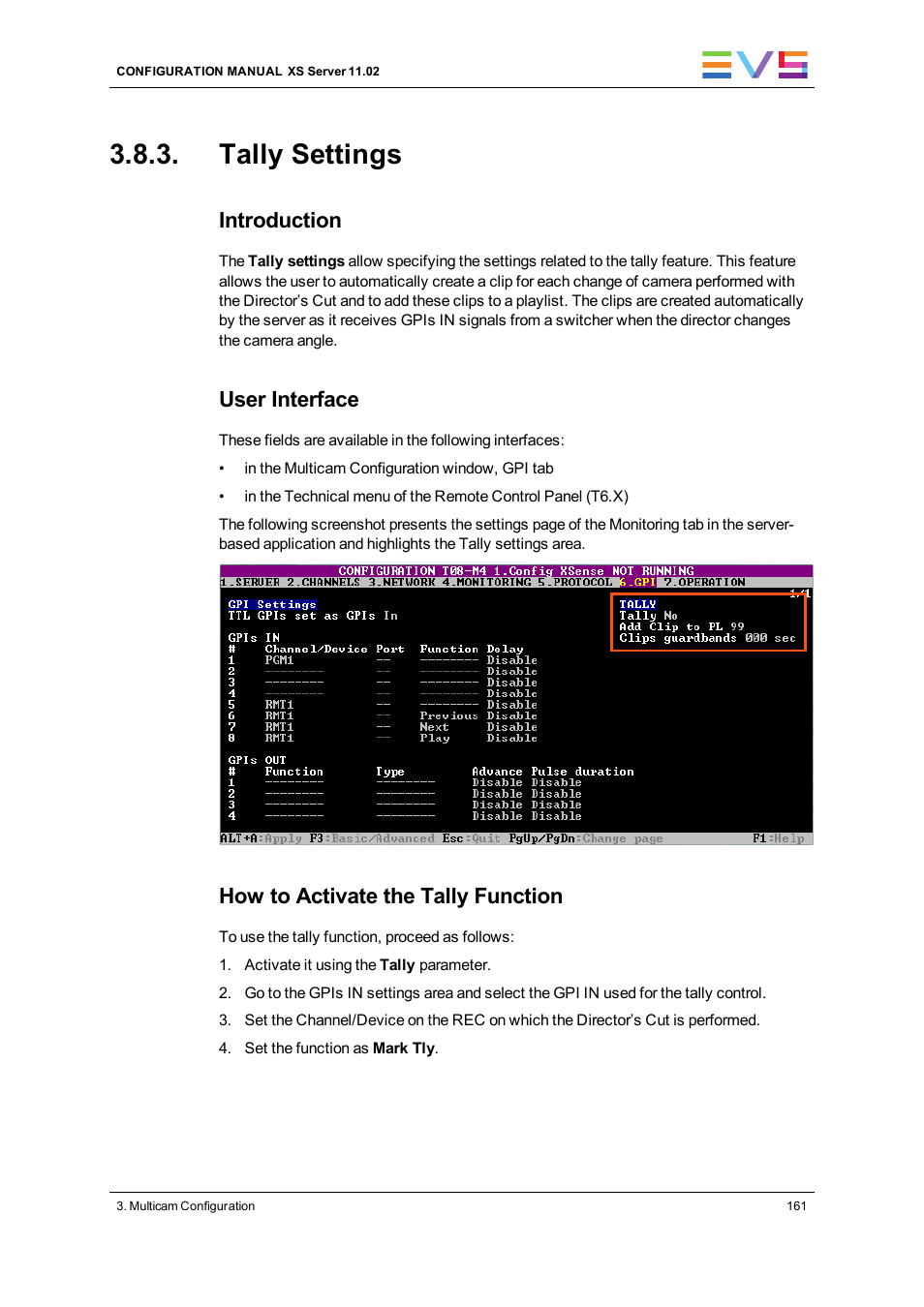 Tally settings, Introduction, User interface | How to activate the tally function | EVS XS Version 11.02 - July 2013 Configuration Manual User Manual | Page 169 / 204