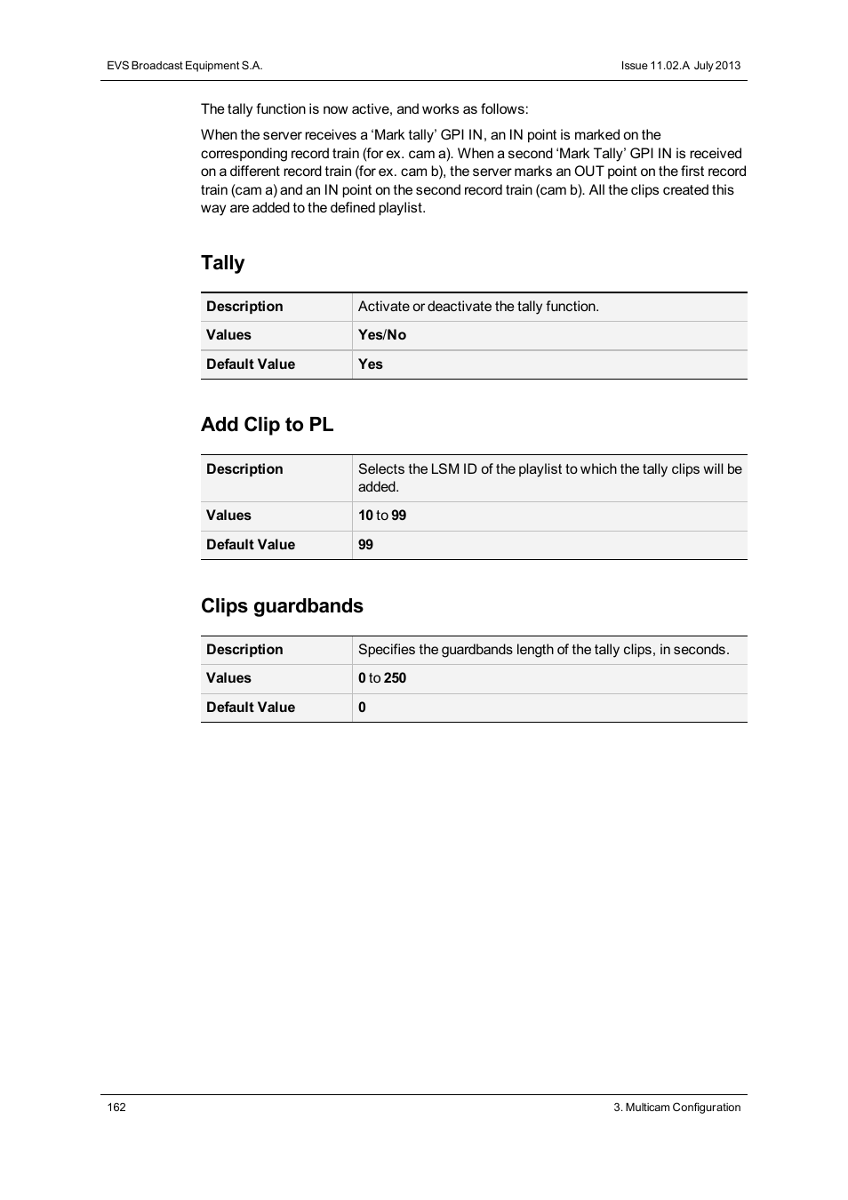 Tally, Add clip to pl, Clips guardbands | EVS XS Version 11.02 - July 2013 Configuration Manual User Manual | Page 170 / 204