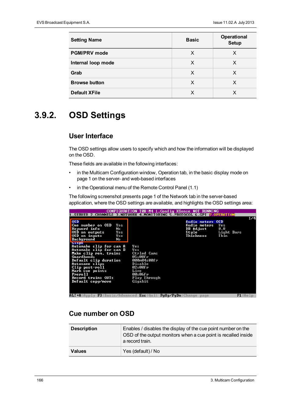 Osd settings, User interface, Cue number on osd | EVS XS Version 11.02 - July 2013 Configuration Manual User Manual | Page 174 / 204