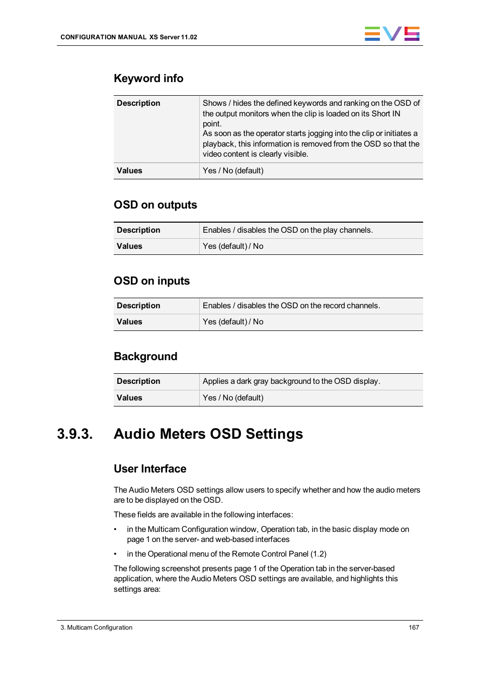 Audio meters osd settings, Keyword info, Osd on outputs | Osd on inputs, Background, User interface | EVS XS Version 11.02 - July 2013 Configuration Manual User Manual | Page 175 / 204