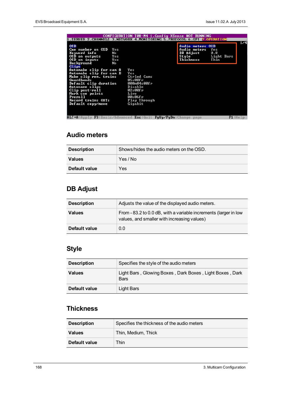 Audio meters, Db adjust, Style | Thickness | EVS XS Version 11.02 - July 2013 Configuration Manual User Manual | Page 176 / 204