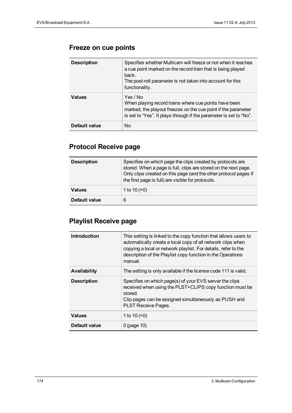 Freeze on cue points, Protocol receive page, Playlist receive page | EVS XS Version 11.02 - July 2013 Configuration Manual User Manual | Page 182 / 204