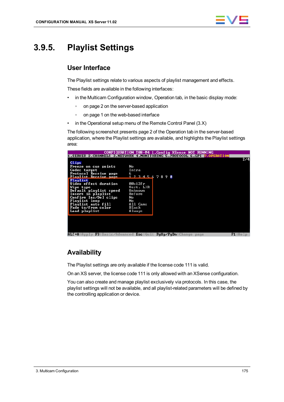 Playlist settings, User interface, Availability | EVS XS Version 11.02 - July 2013 Configuration Manual User Manual | Page 183 / 204