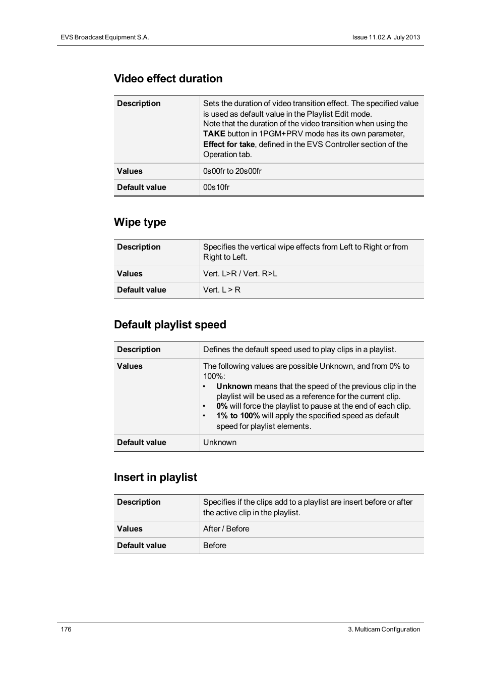 Video effect duration, Wipe type, Default playlist speed | Insert in playlist | EVS XS Version 11.02 - July 2013 Configuration Manual User Manual | Page 184 / 204