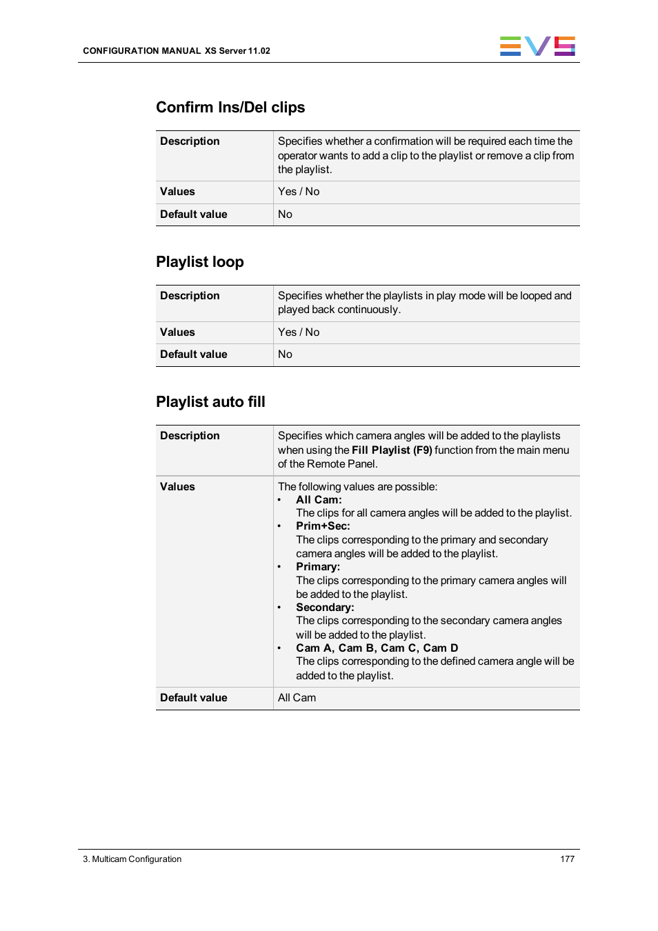Confirm ins/del clips, Playlist loop, Playlist auto fill | EVS XS Version 11.02 - July 2013 Configuration Manual User Manual | Page 185 / 204
