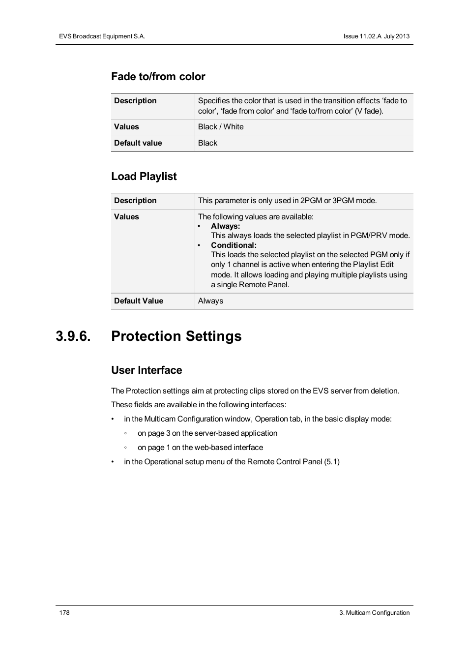 Protection settings, Fade to/from color, Load playlist | User interface | EVS XS Version 11.02 - July 2013 Configuration Manual User Manual | Page 186 / 204