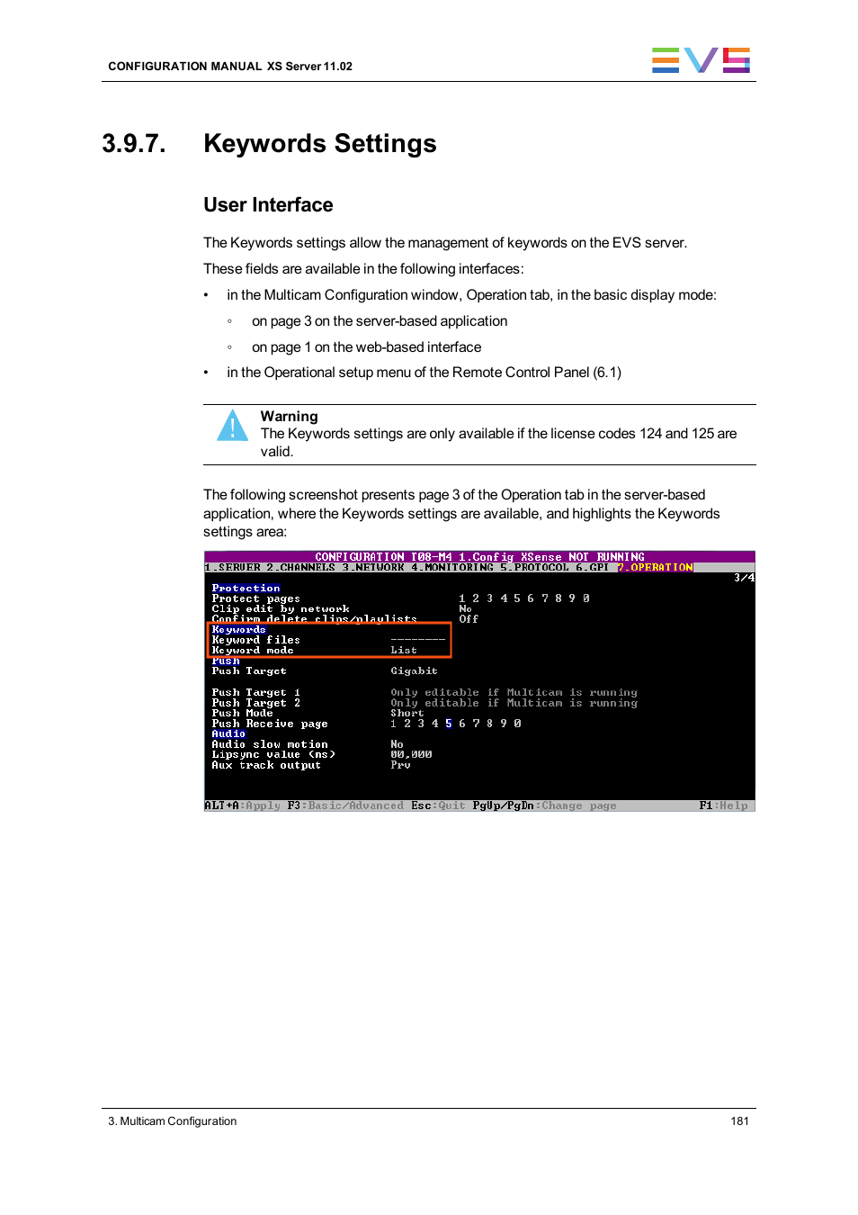 Keywords settings, User interface | EVS XS Version 11.02 - July 2013 Configuration Manual User Manual | Page 189 / 204