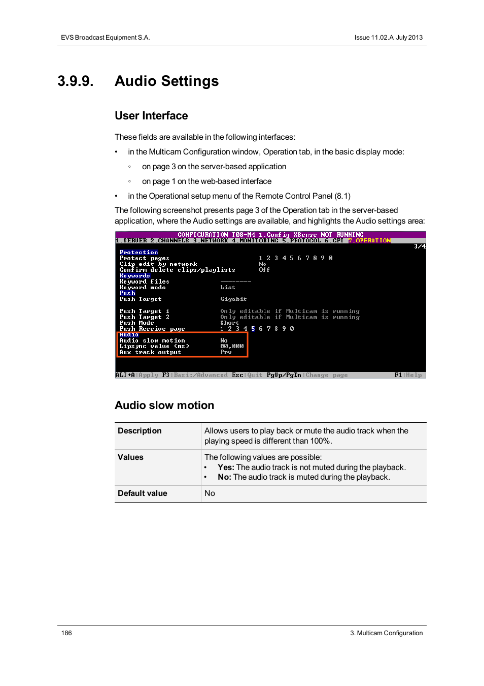 Audio settings, User interface, Audio slow motion | EVS XS Version 11.02 - July 2013 Configuration Manual User Manual | Page 194 / 204