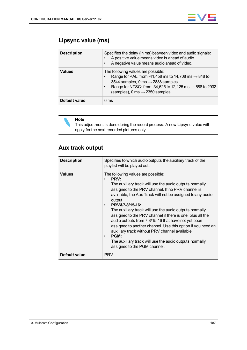 Lipsync value (ms), Aux track output | EVS XS Version 11.02 - July 2013 Configuration Manual User Manual | Page 195 / 204