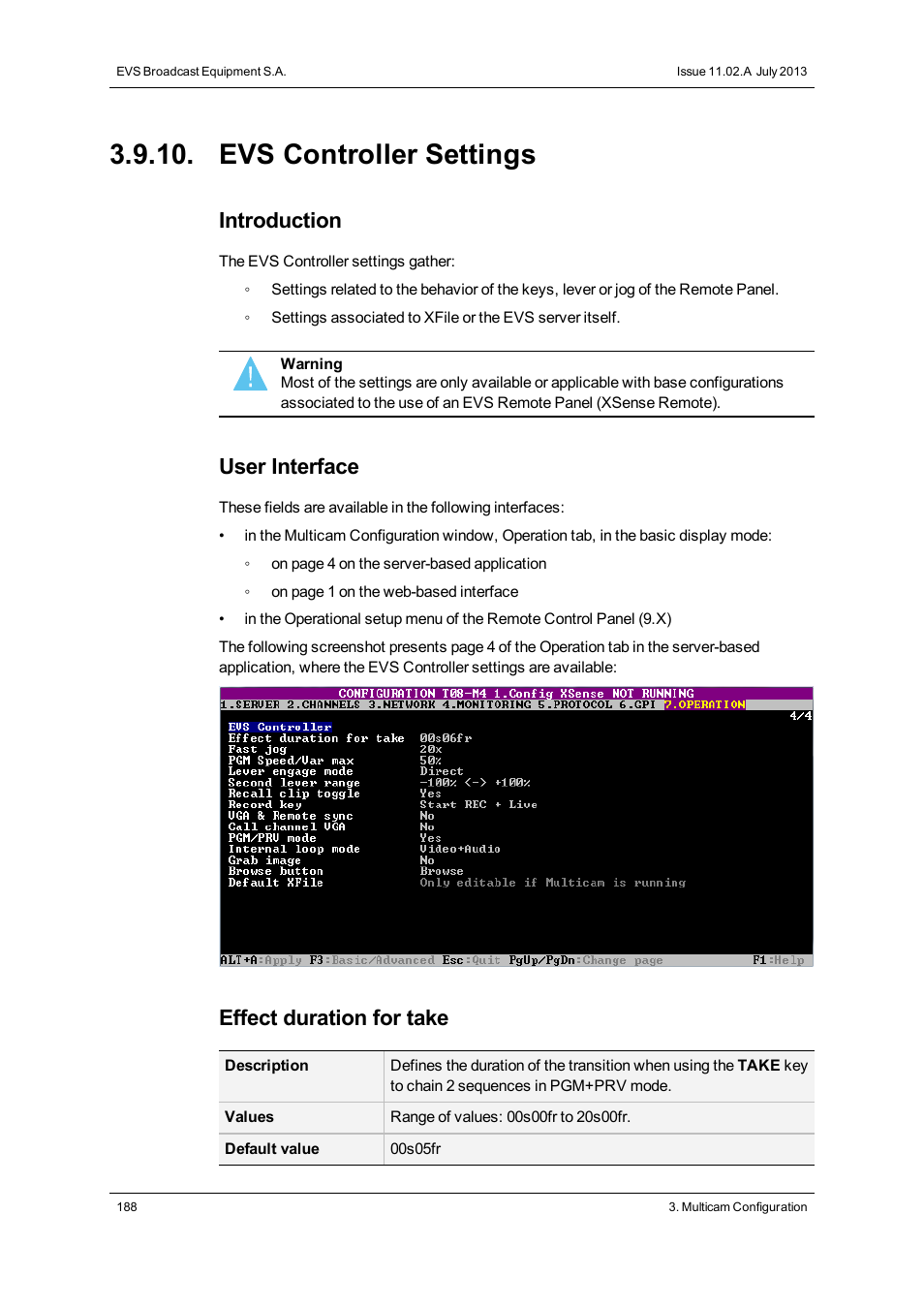 Evs controller settings, Controller settings, Introduction | User interface, Effect duration for take | EVS XS Version 11.02 - July 2013 Configuration Manual User Manual | Page 196 / 204