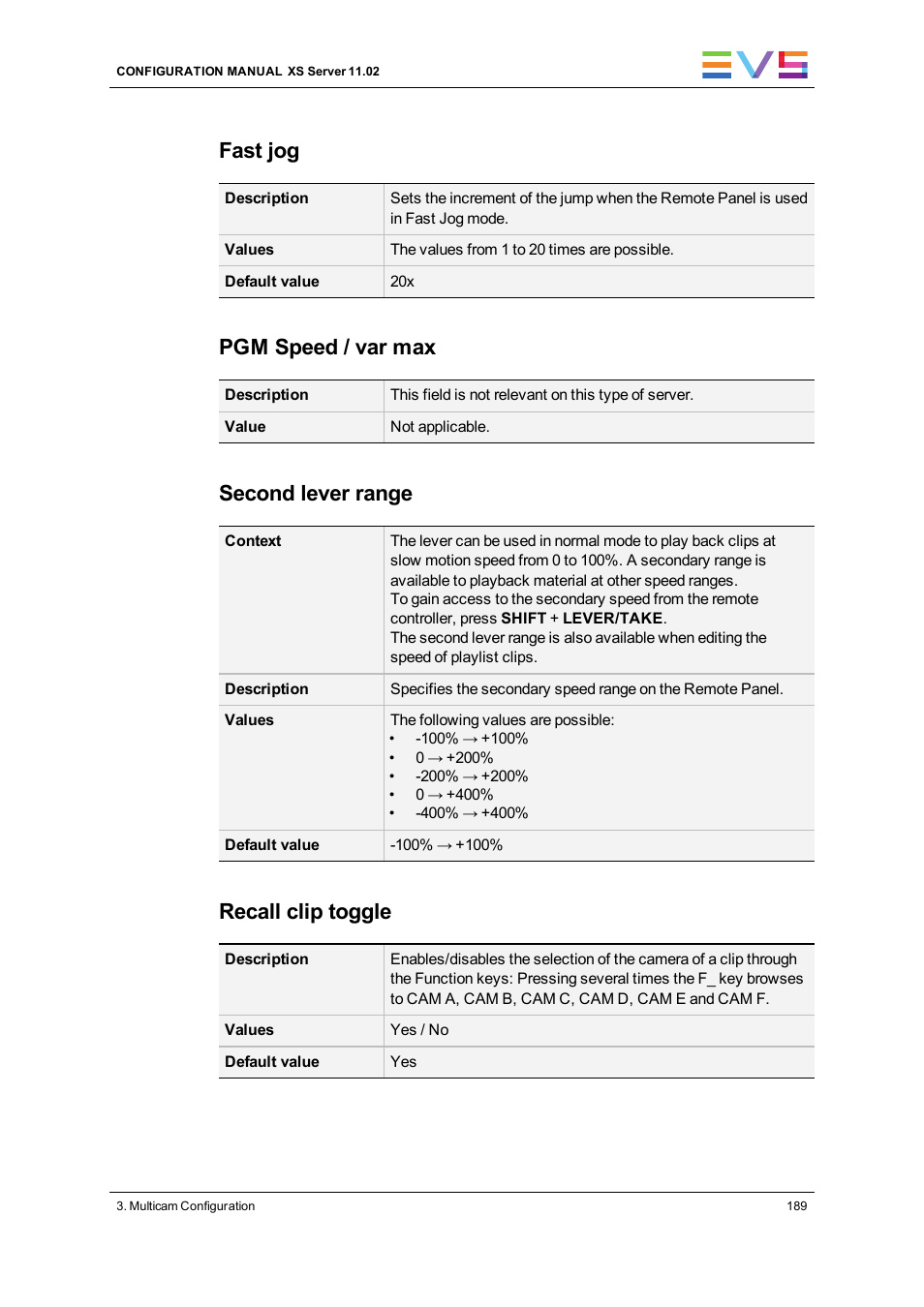 Fast jog, Pgm speed / var max, Second lever range | Recall clip toggle | EVS XS Version 11.02 - July 2013 Configuration Manual User Manual | Page 197 / 204