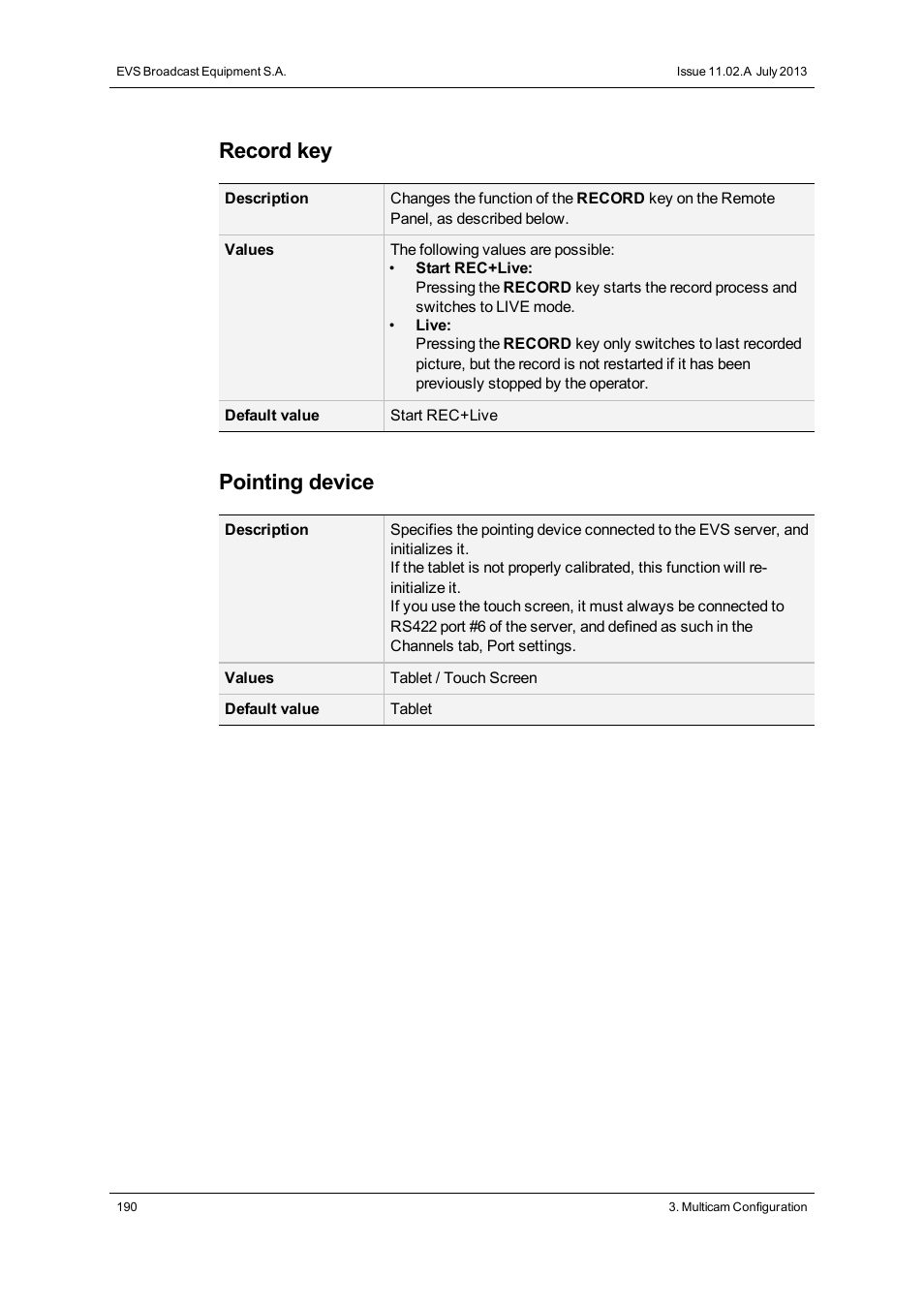 Record key, Pointing device | EVS XS Version 11.02 - July 2013 Configuration Manual User Manual | Page 198 / 204