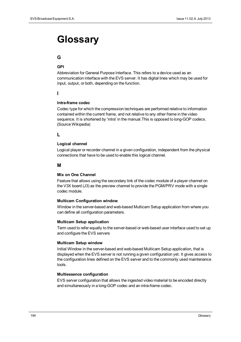 Glossary | EVS XS Version 11.02 - July 2013 Configuration Manual User Manual | Page 202 / 204