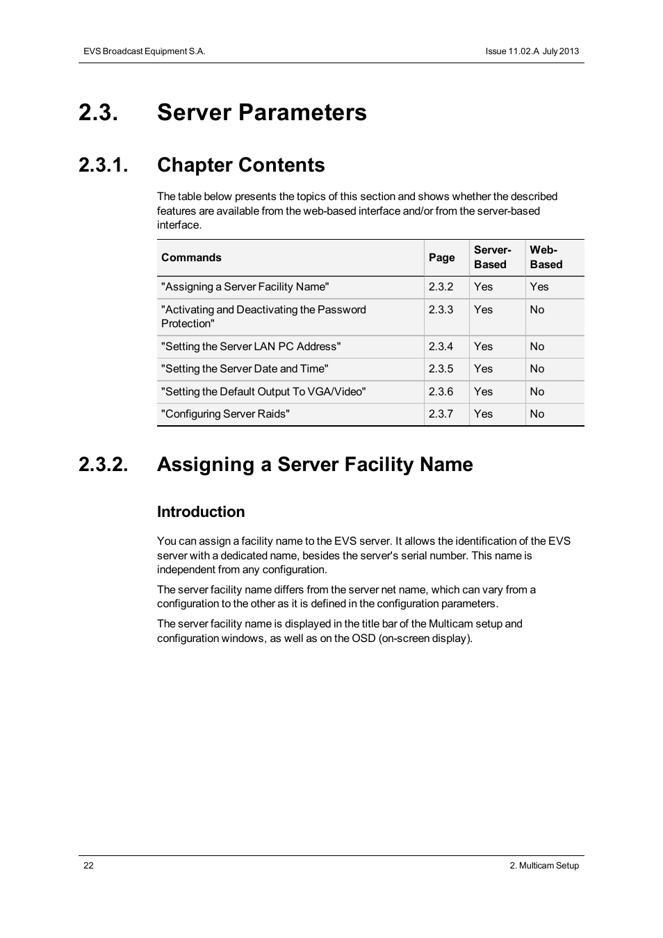 Server parameters, Chapter contents, Assigning a server facility name | Assign server facility name, Introduction | EVS XS Version 11.02 - July 2013 Configuration Manual User Manual | Page 30 / 204