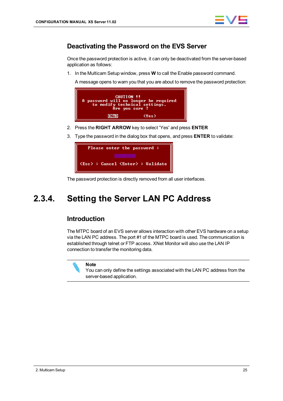Setting the server lan pc address, Set lan pc address, Deactivating the password on the evs server | Introduction | EVS XS Version 11.02 - July 2013 Configuration Manual User Manual | Page 33 / 204
