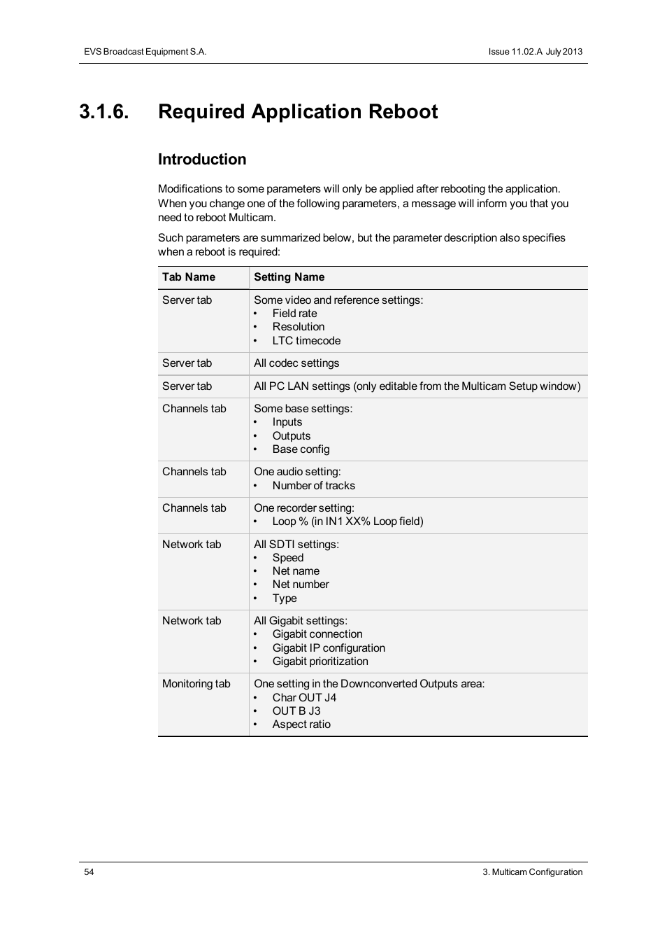 Required application reboot, Introduction | EVS XS Version 11.02 - July 2013 Configuration Manual User Manual | Page 62 / 204