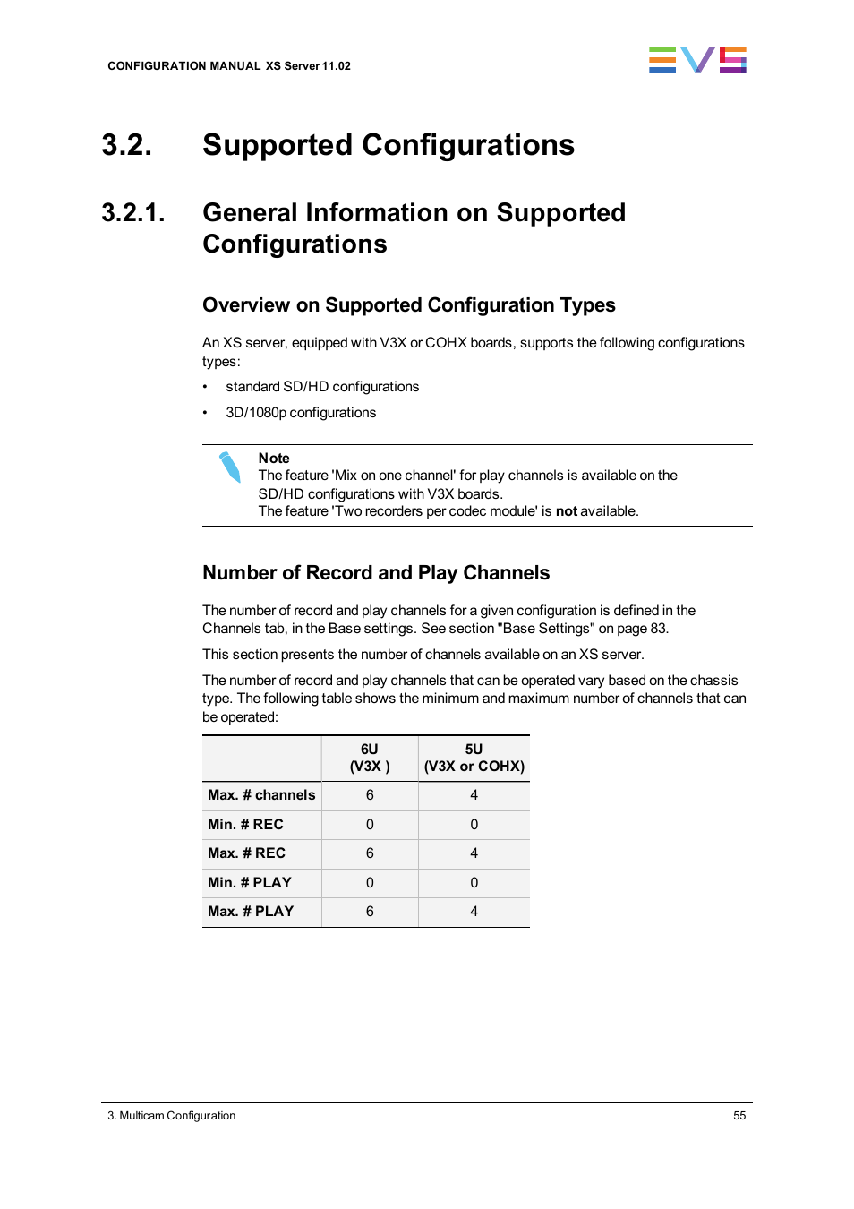 Supported configurations, General information on supported configurations, Overview on supported configuration types | Number of record and play channels | EVS XS Version 11.02 - July 2013 Configuration Manual User Manual | Page 63 / 204