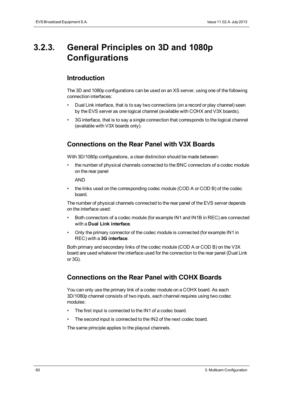 General principles on 3d and 1080p configurations, Introduction, Connections on the rear panel with v3x boards | Connections on the rear panel with cohx boards | EVS XS Version 11.02 - July 2013 Configuration Manual User Manual | Page 68 / 204