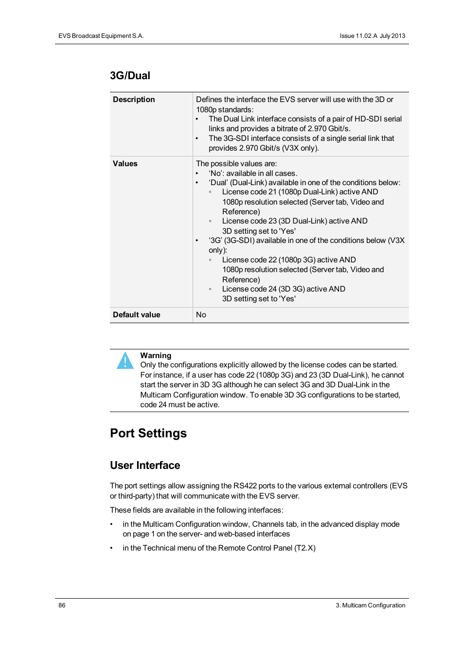 Port settings, 3g/dual, User interface | EVS XS Version 11.02 - July 2013 Configuration Manual User Manual | Page 94 / 204