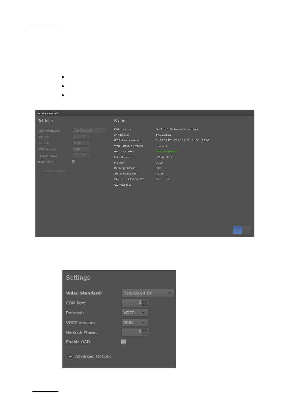 2 server control window, 3 server settings, Server control window | Server settings, E 16, Erver, Ontrol, Indow, Ettings | EVS GX Version 1.00 - February 2011 User’s Manual User Manual | Page 22 / 66