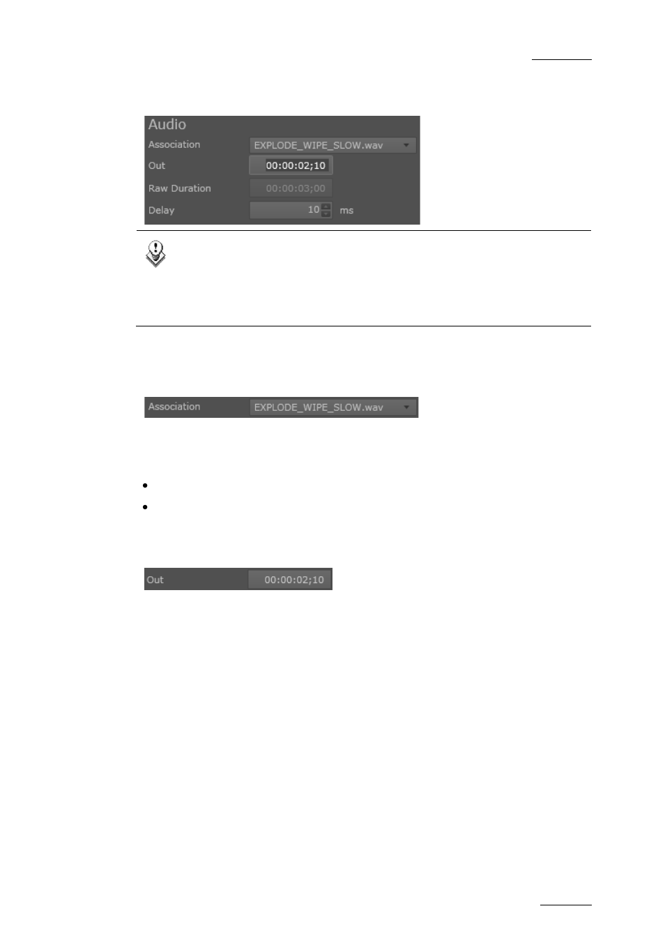 6 audio settings in the edit gx clips window, Audio) association field, Audio) out field | Example, Audio settings in the edit gx clips window, E 51, On 5.5.6, And ‘(audio) out field | EVS GX Version 1.00 - February 2011 User’s Manual User Manual | Page 57 / 66