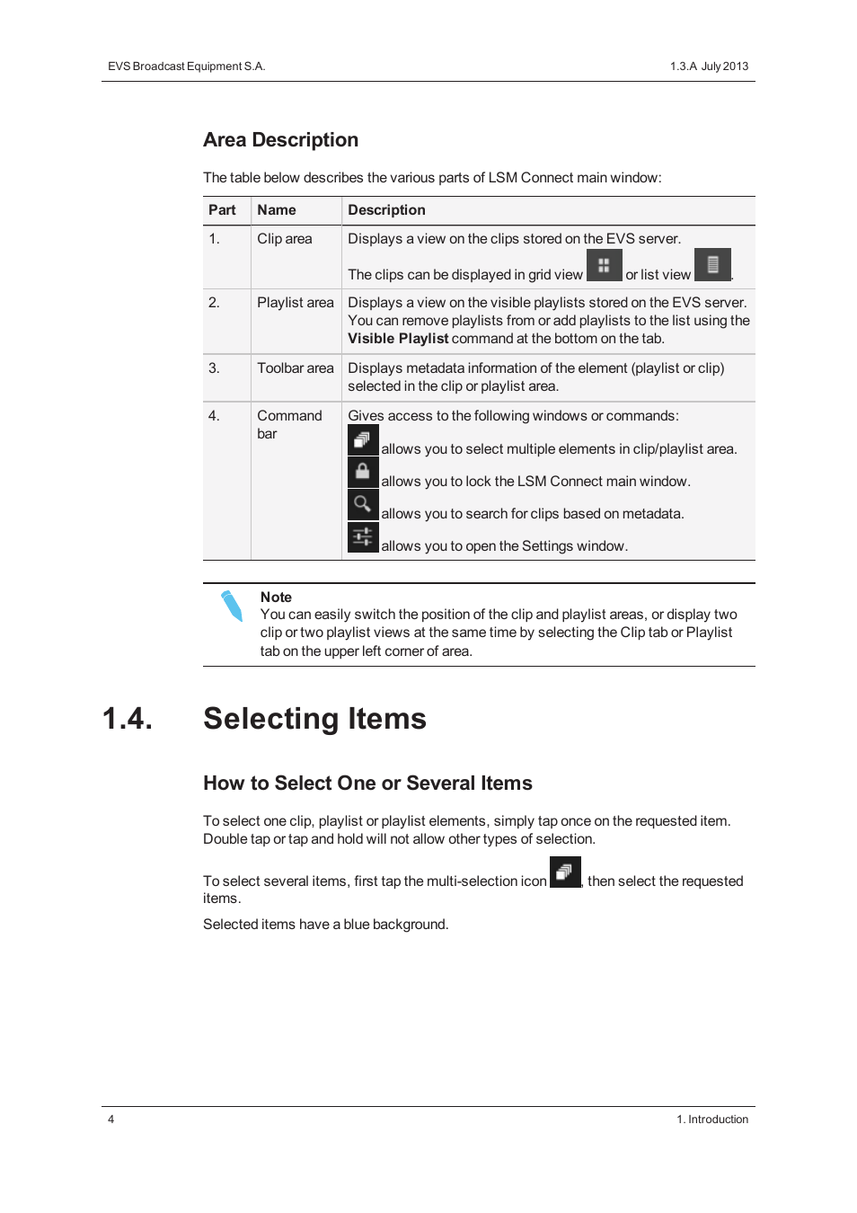 Selecting items, Area description, How to select one or several items | EVS LSM Connect User Manual | Page 10 / 32