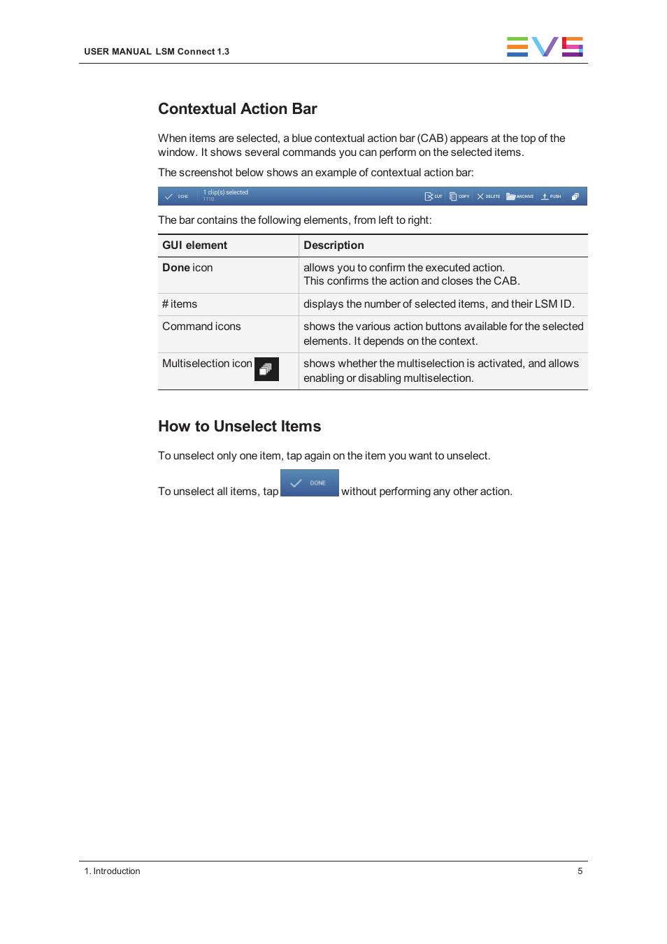 Contextual action bar, How to unselect items | EVS LSM Connect User Manual | Page 11 / 32
