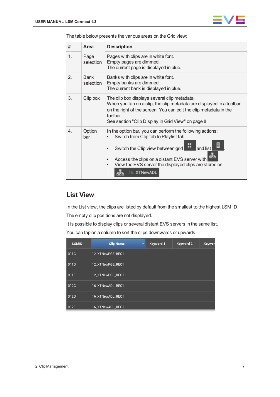 List view | EVS LSM Connect User Manual | Page 13 / 32
