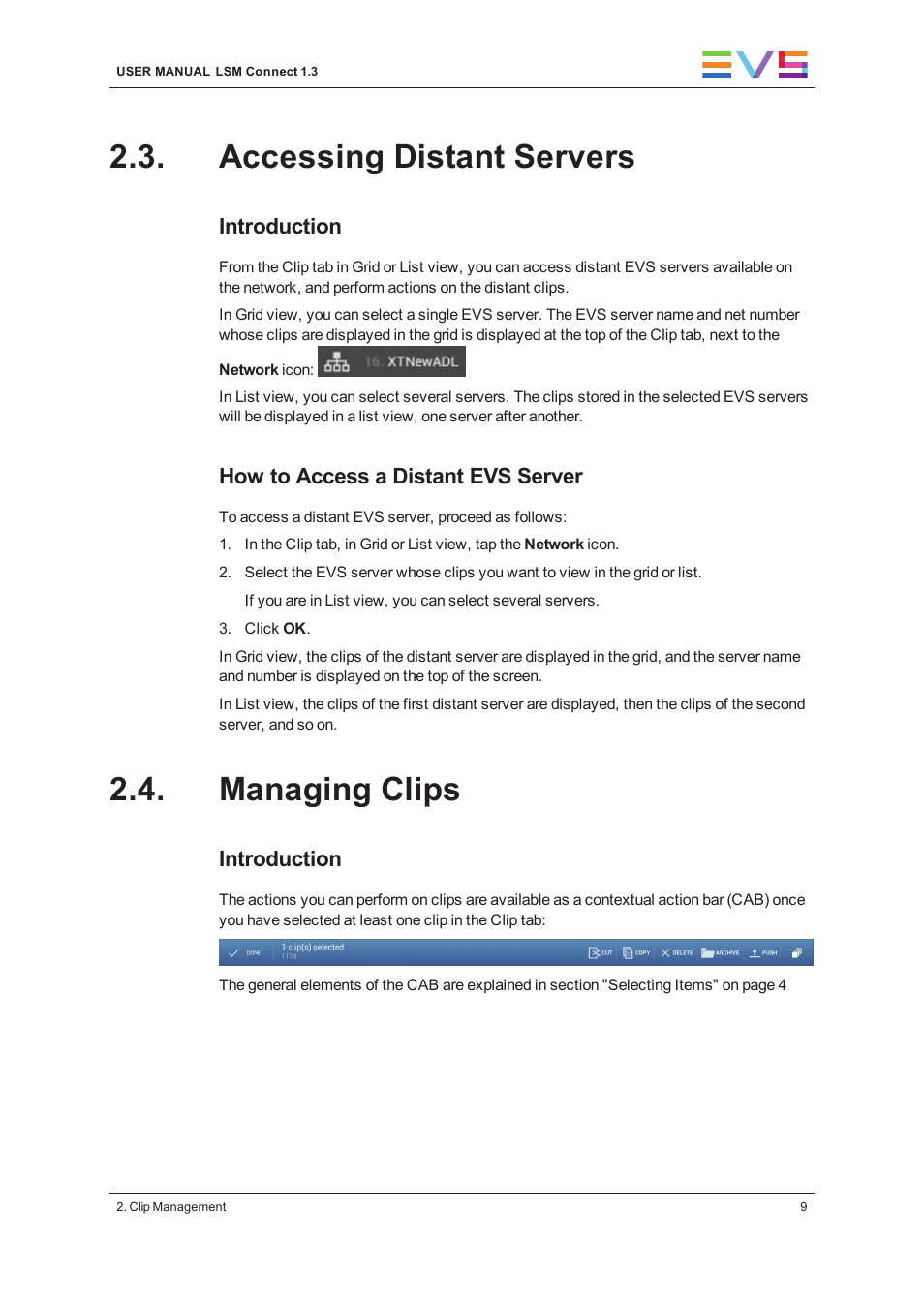 Accessing distant servers, Managing clips | EVS LSM Connect User Manual | Page 15 / 32