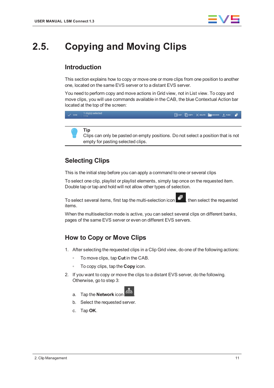 Copying and moving clips, Introduction, Selecting clips | How to copy or move clips | EVS LSM Connect User Manual | Page 17 / 32