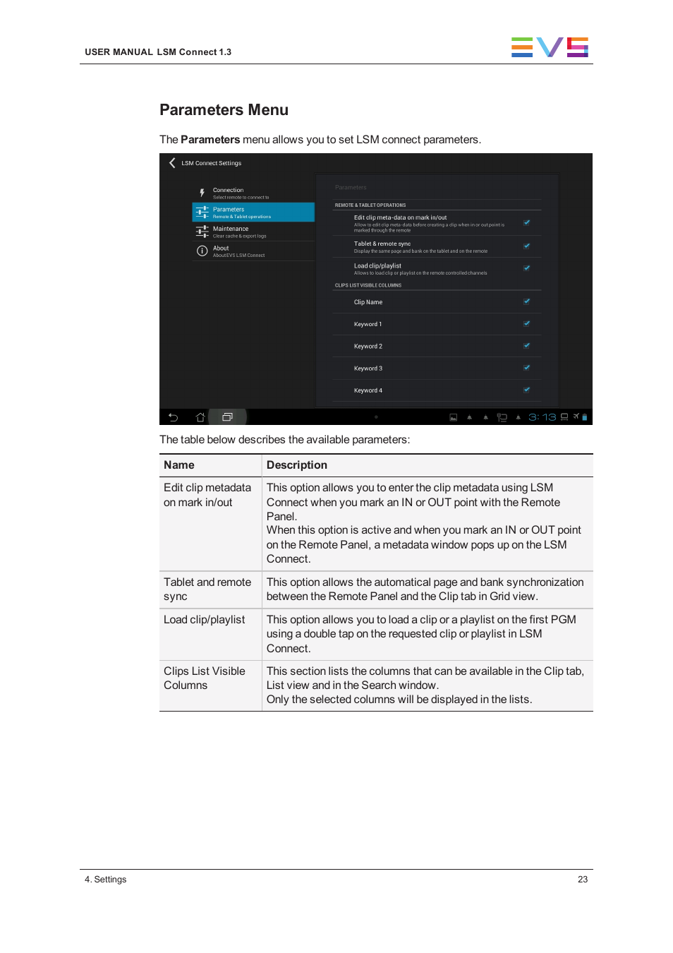Parameters menu | EVS LSM Connect User Manual | Page 29 / 32