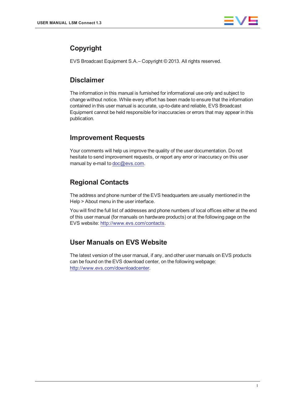 Copyright, Disclaimer, Improvement requests | Regional contacts, User manuals on evs website | EVS LSM Connect User Manual | Page 3 / 32