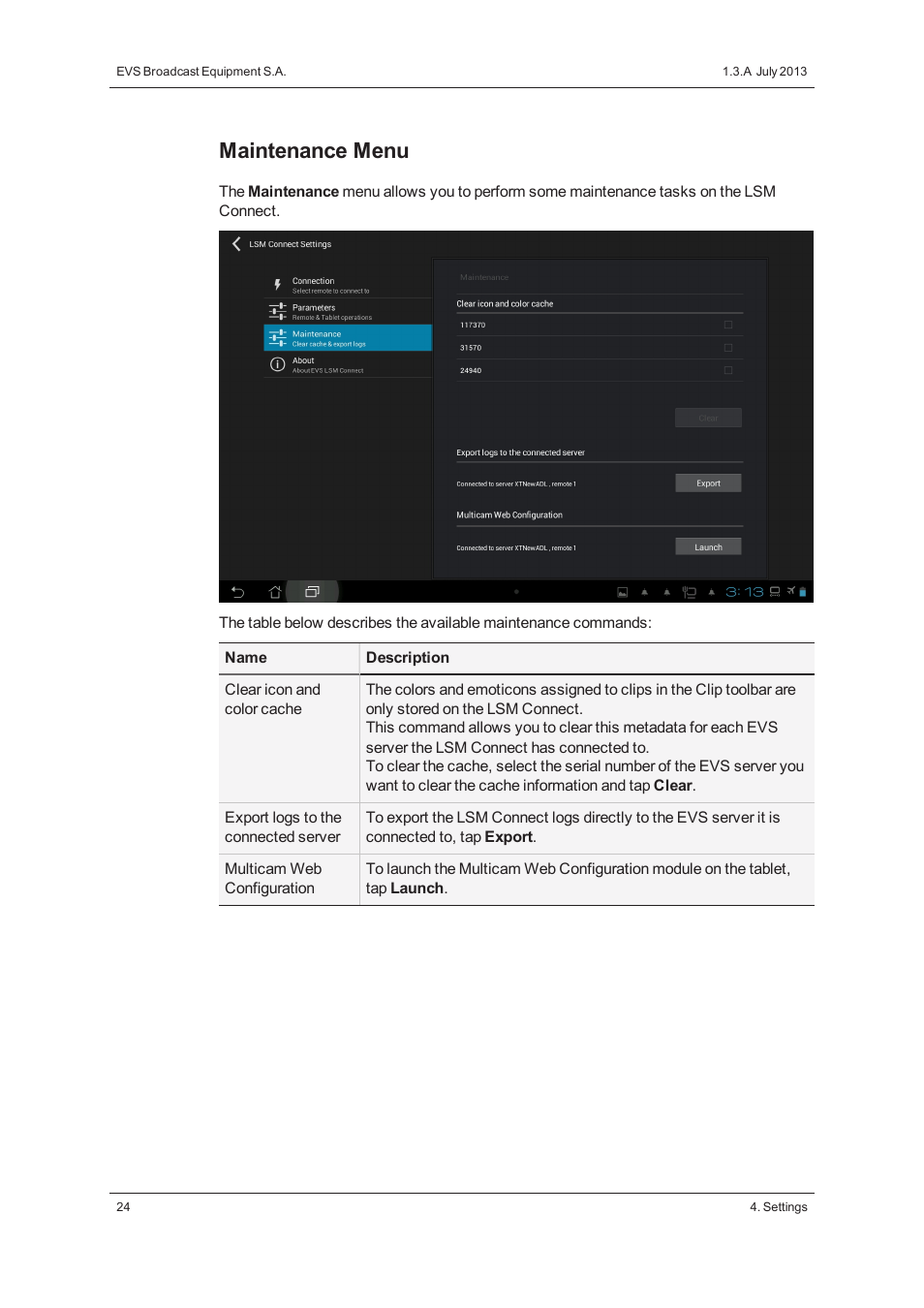 Maintenance menu | EVS LSM Connect User Manual | Page 30 / 32