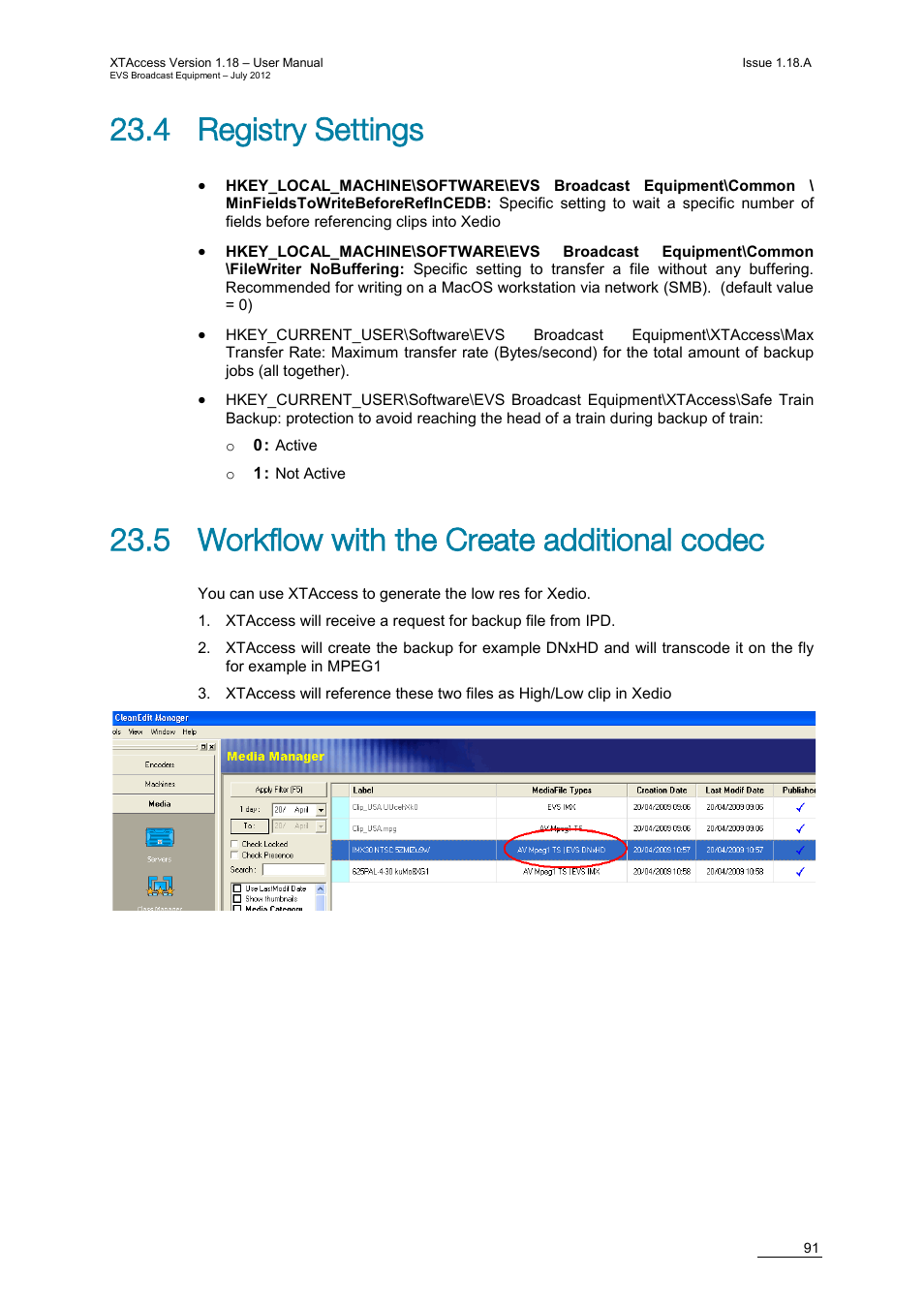 4 registry settings, 5 workflow with the create additional codec | EVS XTAccess Version 1.18 - July 2012 User Manual User Manual | Page 101 / 109