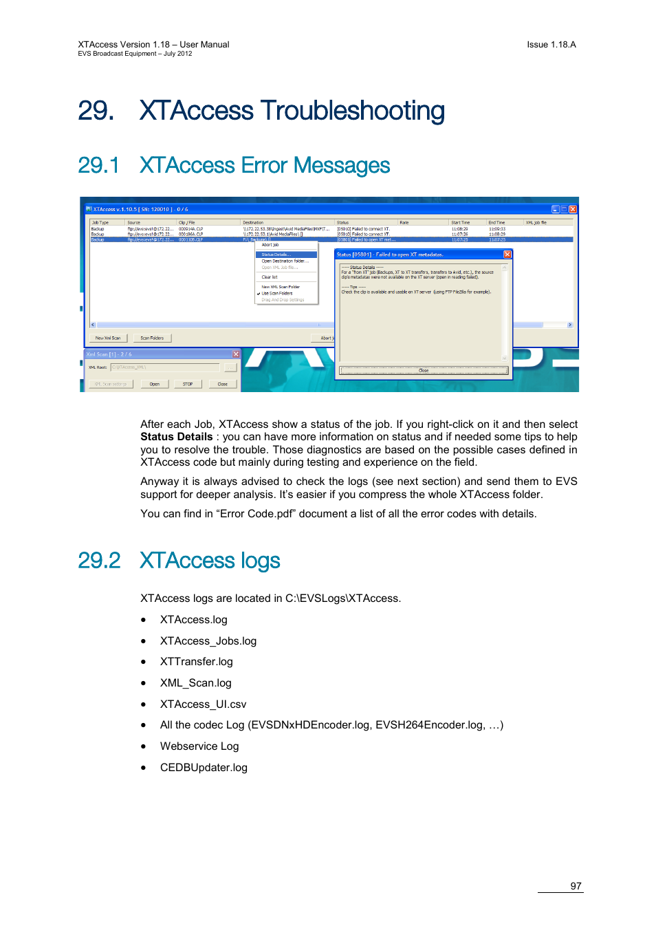 Xtaccess troubleshooting, 1 xtaccess error messages, 2 xtaccess logs | Ccess, Roubleshooting | EVS XTAccess Version 1.18 - July 2012 User Manual User Manual | Page 107 / 109