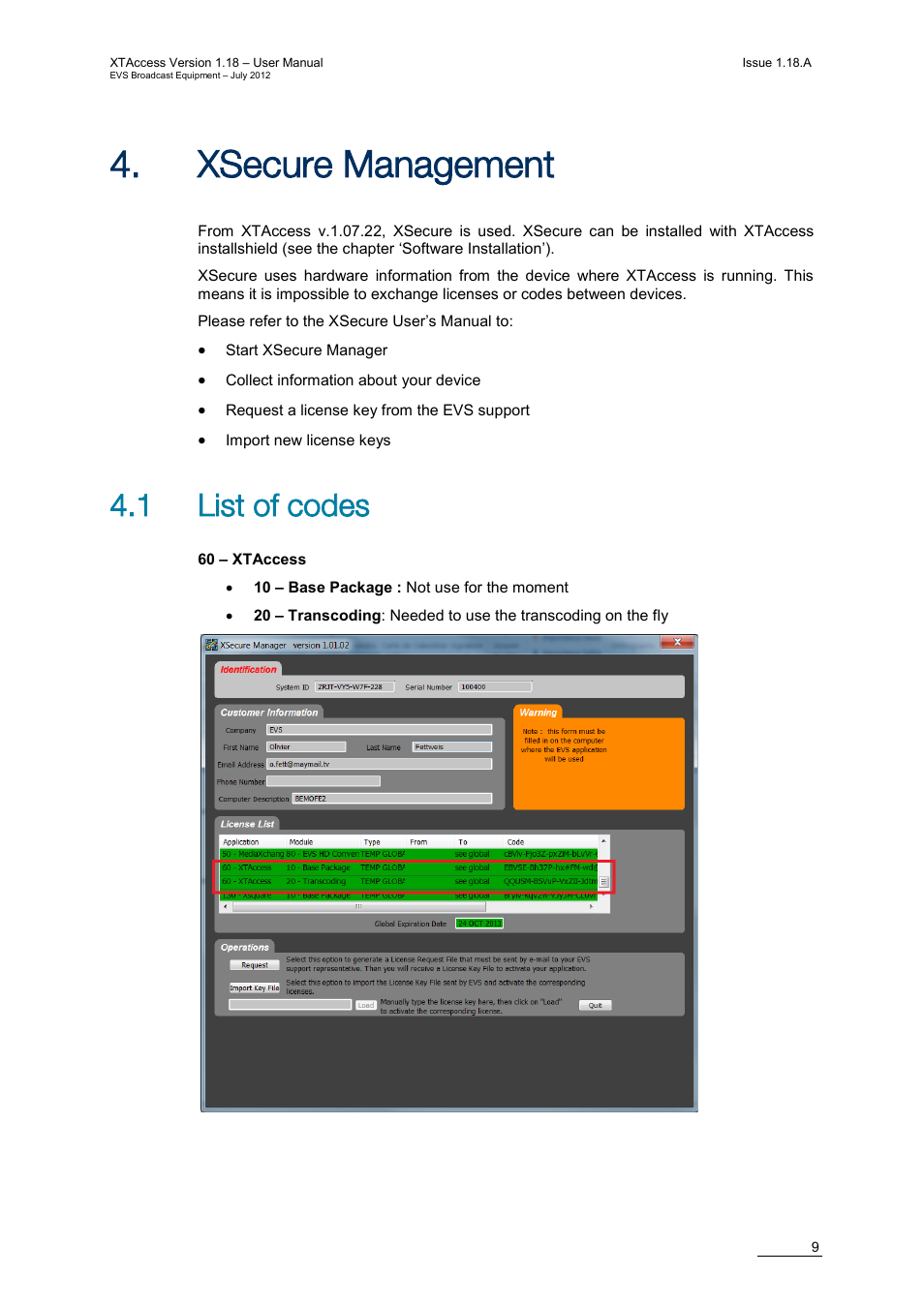 Xsecure management, 1 list of codes, Ecure | Anagement | EVS XTAccess Version 1.18 - July 2012 User Manual User Manual | Page 19 / 109