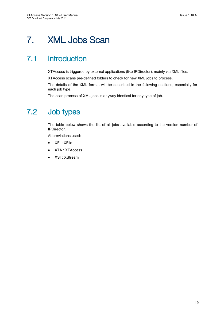 Xml jobs scan, 1 introduction, 2 job types | 7 ‘xml jobs, Scan’ on, Ge 19) | EVS XTAccess Version 1.18 - July 2012 User Manual User Manual | Page 29 / 109