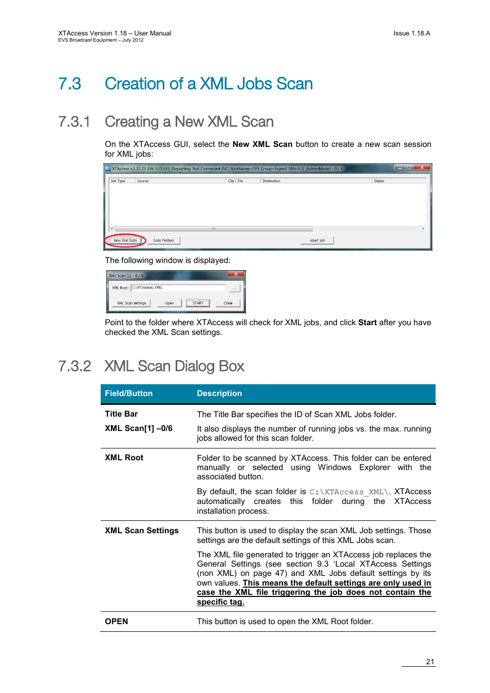 3 creation of a xml jobs scan, 1 creating a new xml scan, 2 xml scan dialog box | Creating a new xml scan, Xml scan dialog box | EVS XTAccess Version 1.18 - July 2012 User Manual User Manual | Page 31 / 109