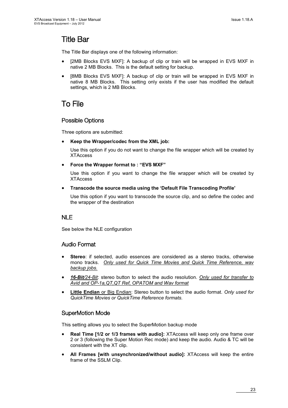 Title bar, To file, Possible options | Audio format, Supermotion mode | EVS XTAccess Version 1.18 - July 2012 User Manual User Manual | Page 33 / 109