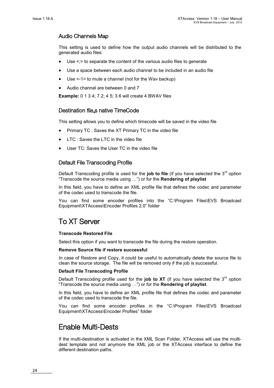 Audio channels map, Destination file’s native timecode, Default file transcoding profile | To xt server, Enable multi-dests | EVS XTAccess Version 1.18 - July 2012 User Manual User Manual | Page 34 / 109
