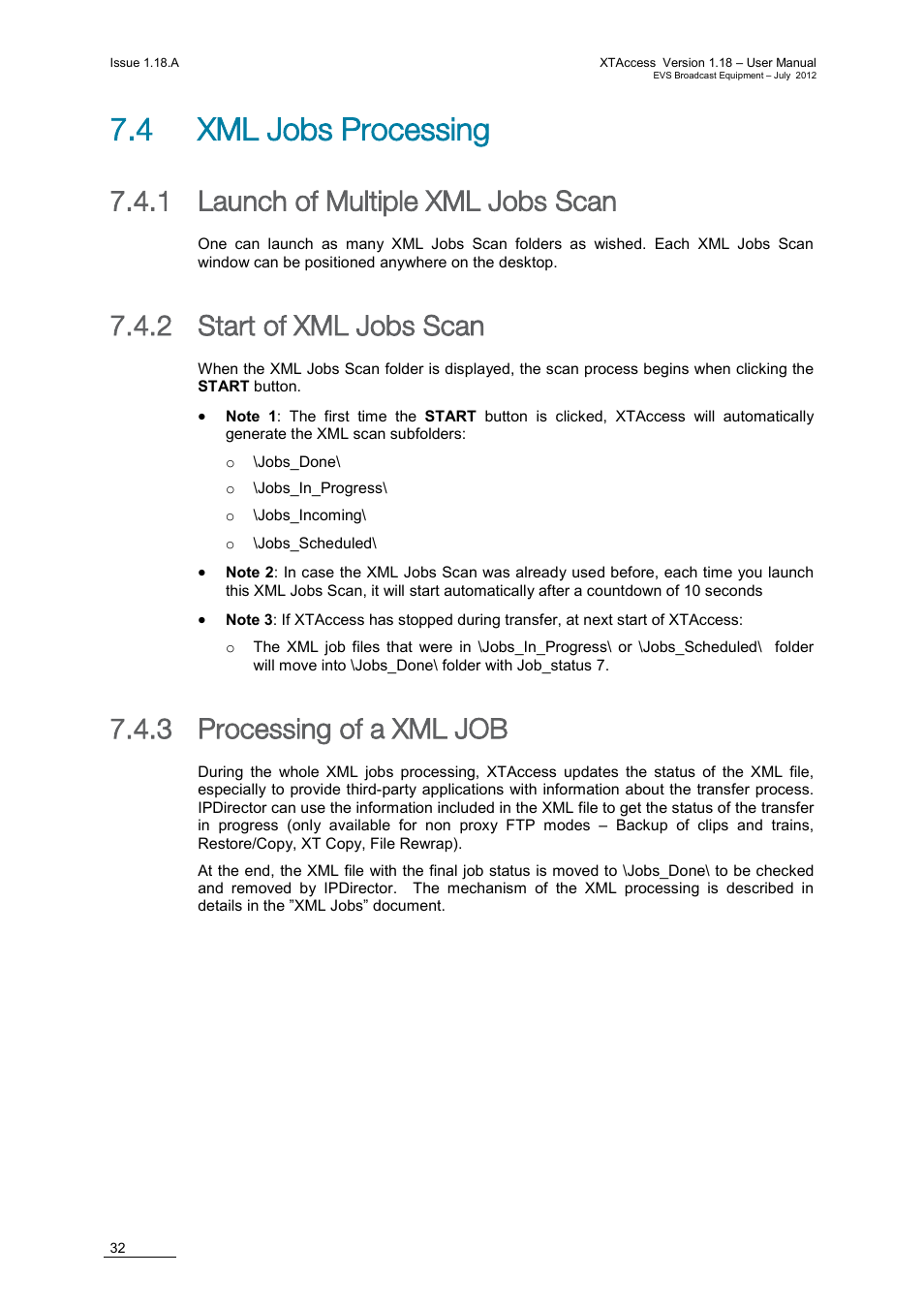 4 xml jobs processing, 1 launch of multiple xml jobs scan, 2 start of xml jobs scan | 3 processing of a xml job, Launch of multiple xml jobs scan, Start of xml jobs scan, Processing of a xml job | EVS XTAccess Version 1.18 - July 2012 User Manual User Manual | Page 42 / 109