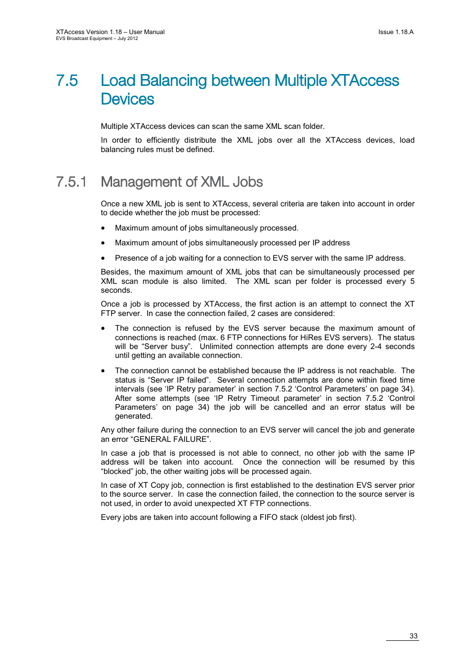 5 load balancing between multiple xtaccess devices, 1 management of xml jobs, Management of xml jobs | EVS XTAccess Version 1.18 - July 2012 User Manual User Manual | Page 43 / 109