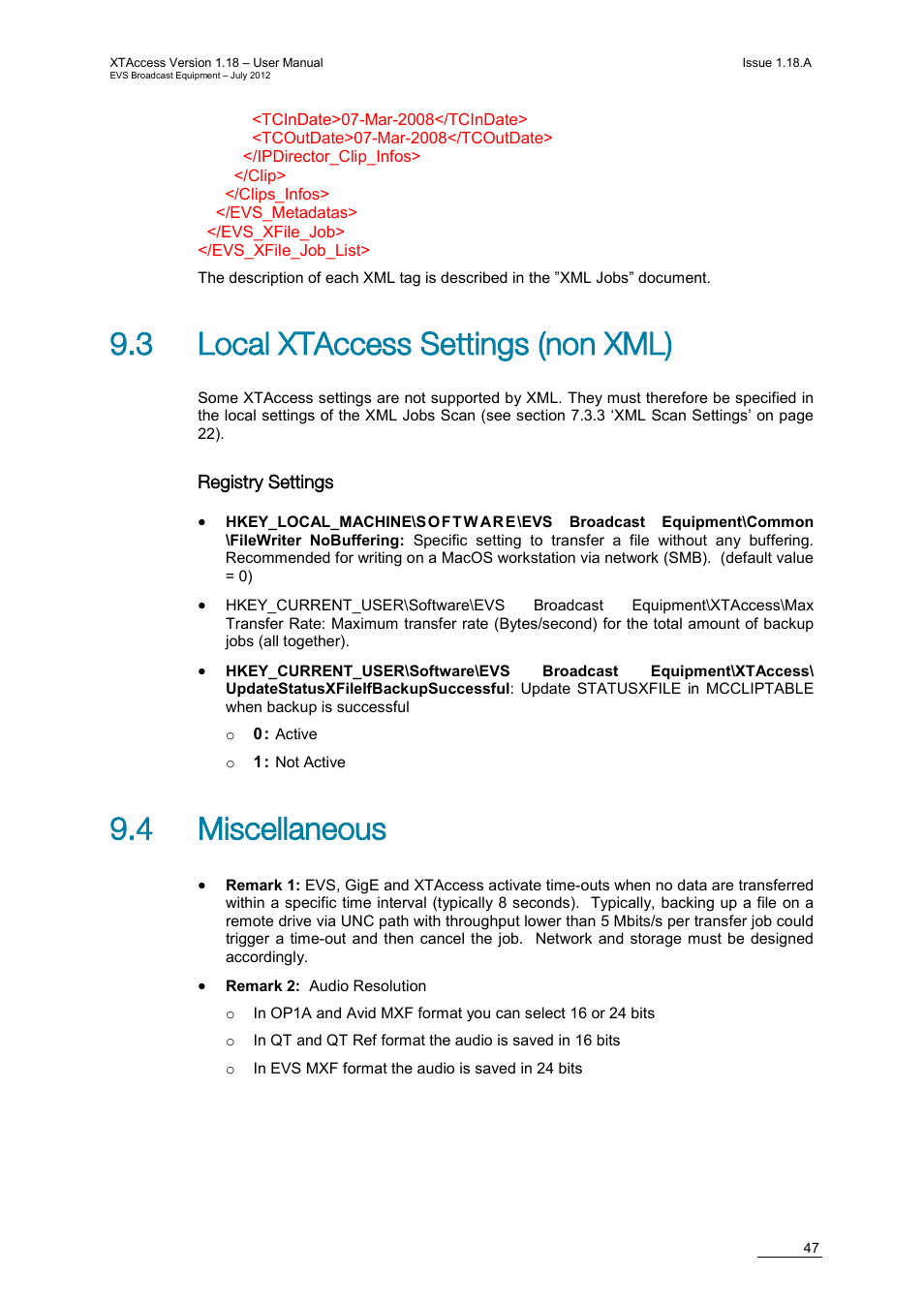 3 local xtaccess settings (non xml), Registry settings, 4 miscellaneous | EVS XTAccess Version 1.18 - July 2012 User Manual User Manual | Page 57 / 109