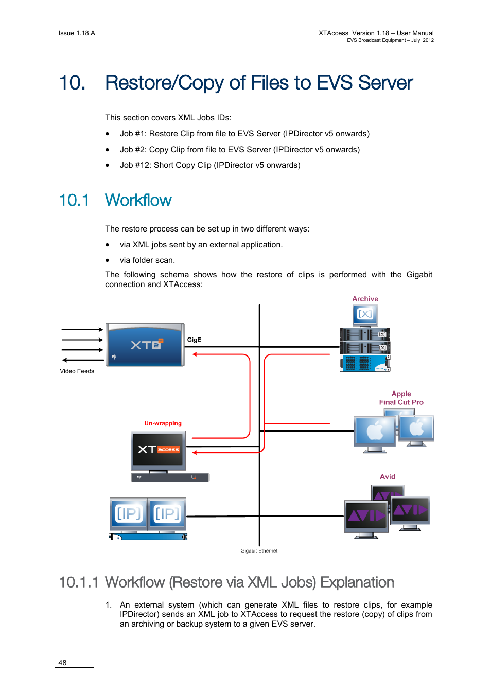 Restore/copy of files to evs server, 1 workflow, 1 workflow (restore via xml jobs) explanation | Estore, Opy of, Iles to, Erver, Workflow (restore via xml jobs) explanation, 10 ‘restore/copy of files to evs server | EVS XTAccess Version 1.18 - July 2012 User Manual User Manual | Page 58 / 109