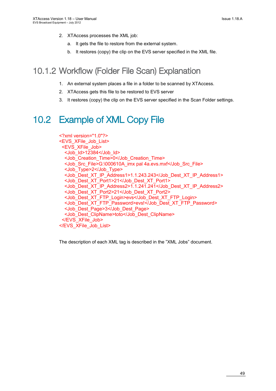 2 workflow (folder file scan) explanation, 2 example of xml copy file, Workflow (folder file scan) explanation | EVS XTAccess Version 1.18 - July 2012 User Manual User Manual | Page 59 / 109