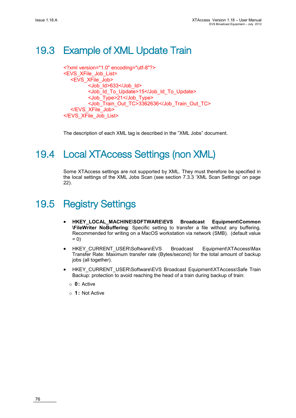 3 example of xml update train, 4 local xtaccess settings (non xml), 5 registry settings | EVS XTAccess Version 1.18 - July 2012 User Manual User Manual | Page 86 / 109