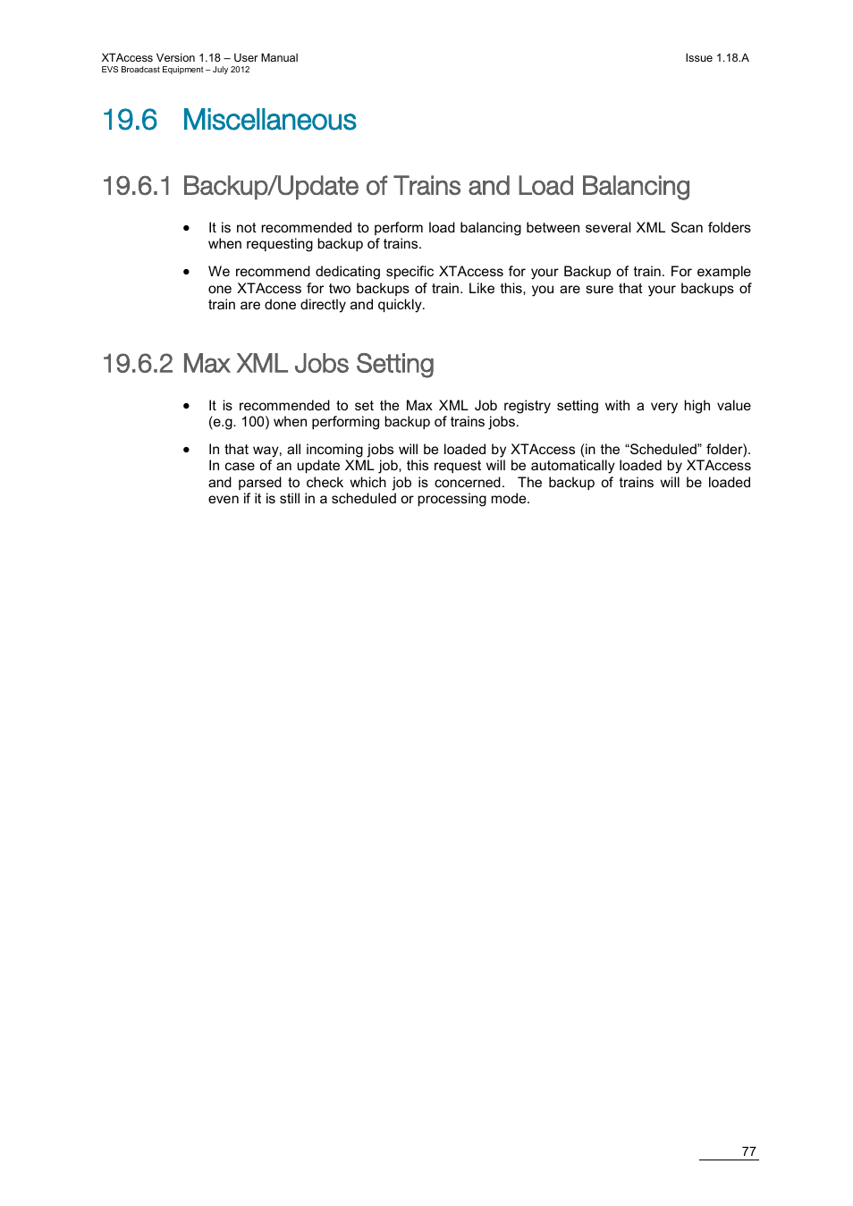 6 miscellaneous, 1 backup/update of trains and load balancing, 2 max xml jobs setting | Backup/update of trains and load balancing, Max xml jobs setting | EVS XTAccess Version 1.18 - July 2012 User Manual User Manual | Page 87 / 109