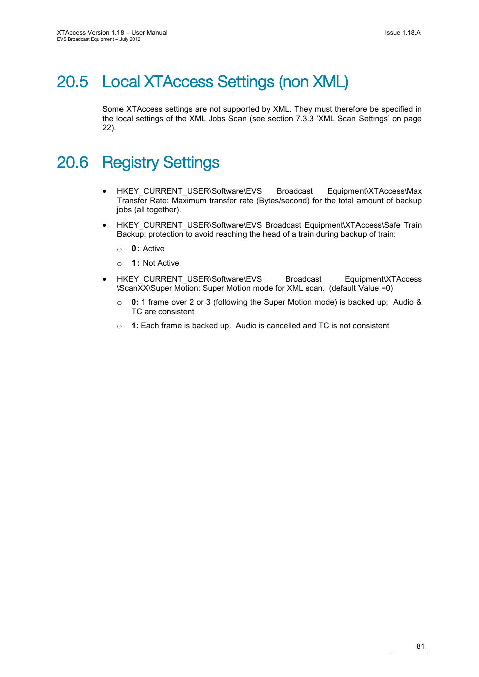 5 local xtaccess settings (non xml), 6 registry settings | EVS XTAccess Version 1.18 - July 2012 User Manual User Manual | Page 91 / 109